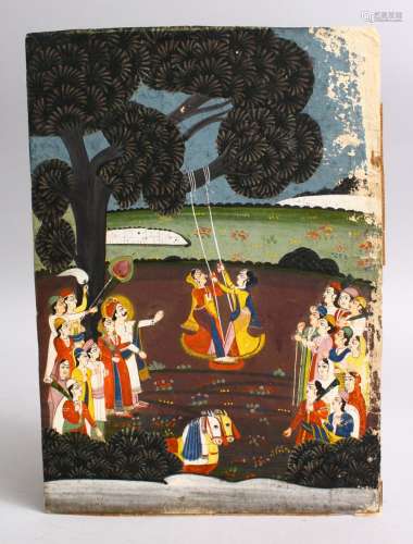 AN INDIAN MUGHAL MINIATURE PAINTING OF FIGURES ON A SWING IN A GARDEN, 30cm x 21cm