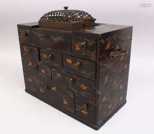 A GOOD JAPANESE MEIJI PERIOD LACQUER CABINET / BOX, The body decorated with raised wave design and