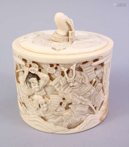 A GOOD QUALITY JAPANESE MEIJI PERIOD CARVED IVORY SAMURAI WARRIOR TUSK POT & COVER, the pot finely