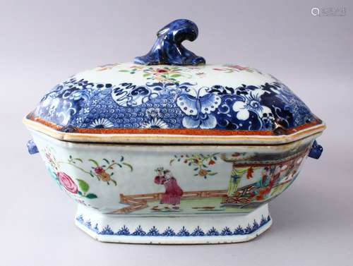 A 18TH / 19TH CENTURY CHINESE BLUE & WHITE FAMILLE ROSE PORCELAIN TUREEN AND COVER, decorated with