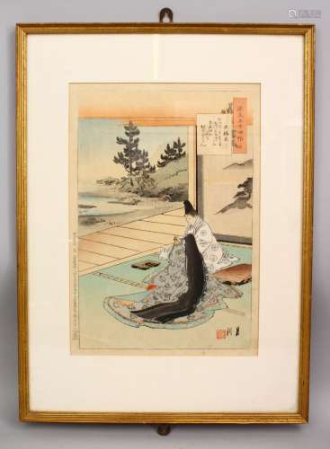 A GOOD JAPANESE MEIJI PERIOD SIGNED FRAMED WOOD BLOCK PRINT - BY GEKKOU, depicting two seated
