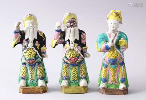 THREE 19TH CENTURY CHINESE FAMILLE ROSE / VERTE PORCELAIN FIGURES OF GENERALS, each originally