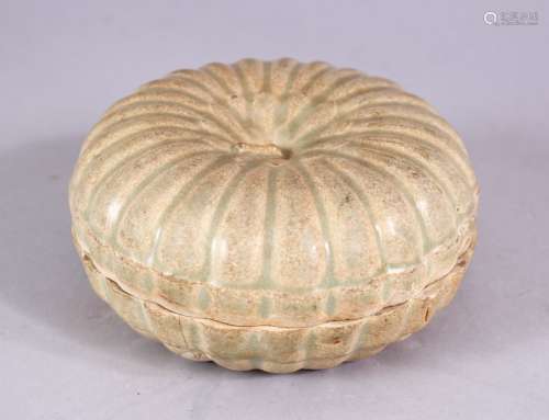 A CHINESE CELADON MOULDED FRUIT FORMED POTTERY BOX & COVER, the box in the form of a fruit, the base