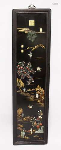 A GOOD CHINESE QIANLONG STYLE CARVED STONE INLAID JADE LACQUER PANEL, decorated with views of