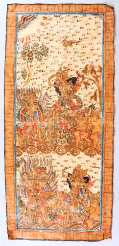 A GOOD TIBETAN TEXTILE, depicting a deity or figures, 90cm high x 43cm.