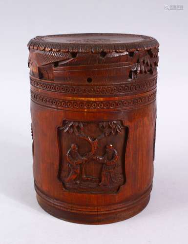 A 19TH CENTURY CHINESE CARVED BAMBOO LIDDED BRUSH POT, carved with panels of figures, animals and