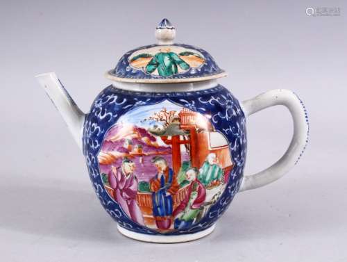 AN 18TH CENTURY CHINESE QIANLONG FAMILLE ROSE TEAPOT & COVER, with underglaze blue decoration with