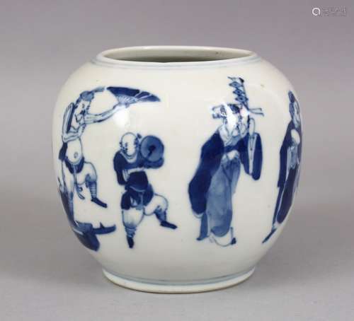 A CHINESE KANGXI STYLE BLUE & WHITE IMMORTAL PORCELAIN JAR, decorated with many figures, the base