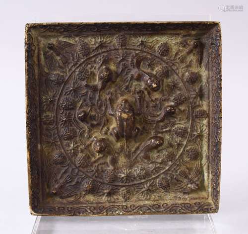 A GOOD 18TH / 19TH CENTURY CHINESE BRONZE MIRROR, of square form, moulded beast and vine decoration,