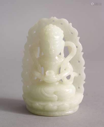 A GOOD CHINESE CARVED WHITE JADE FIGURE OF BUDDHA / DEITY, seated holding a cup, 8cm