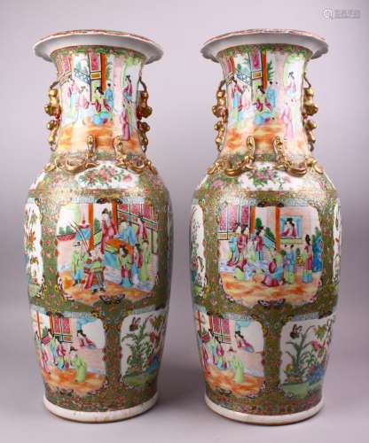 A GOOD LARGE PAIR OF 19TH CENTURY CHINESE CANTON FAMILLE ROSE PORCELAIN VASES, decorated with panels
