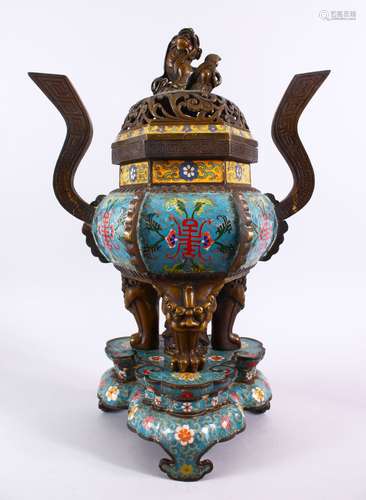 A 20TH CENTURY CHINESE BRONZE & CLOISONNE ENAMEL CENSER / BURNER ON STAND, the body of the censer,