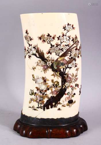 A JAPANESE MEIJI PERIOD CARVED IVORY & SHIBAYAMA TUSK VASE SECTION, inlaid with semi precious