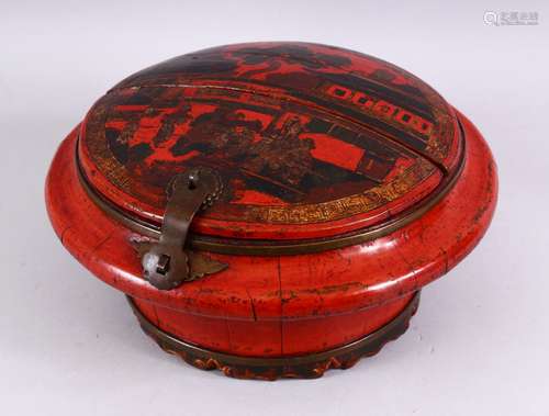 A CHINESE RED LACQUER DECORATED WOODEN LIDDED BOX, decorated with native village scenes, top half