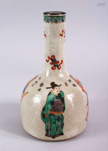 A CHINESE FAMILLE VERTE CRACKLE GLAZED PORCELAIN BOTTLE VASE, the decoration in kangxi style