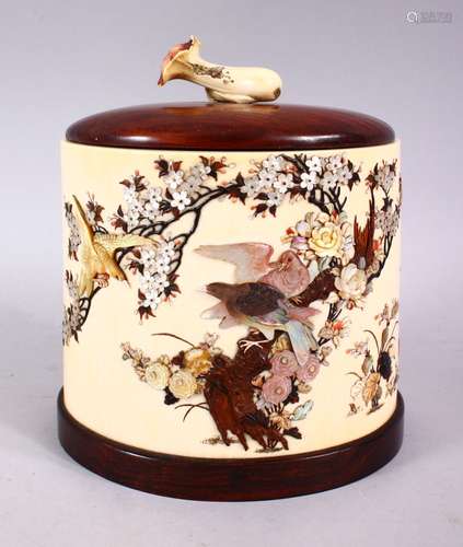 A JAPANESE MEIJI PERIOD CARVED IVORY & SHIBAYAMA TUSK VASE POT & COVER, inlaid with semi precious