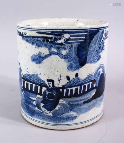 A CHINESE 20TH CENTURY BLUE & WHITE PORCELAIN BRUSH POT, decorated with figure in a landscape