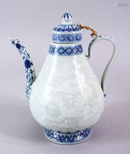 A GOOD CHINESE MING STYLE CLAIR DE LUNE & UNDERGLAZE BLUE PORCELAIN DRAGON TEAPOT, the body with