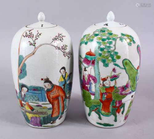 A PAIR OF CHINESE REPUBLIC STYLE FAMILLE VERTE PORCELAIN LIDDED JARS, each decorated with scenes