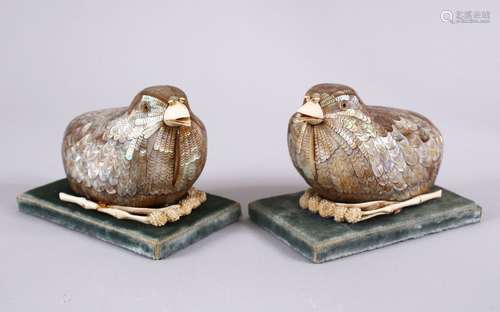 A FINE PAIR OF JAPANESE MEIJI PERIOD MOTHER OF PEARL & IVORY LIDDED BOXES AS BIRDS, the birds formed