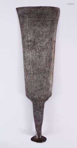 A GOOD 18TH / 19TH CENTURY PERSIAN ISLAMIC QAJAR STEEL CALLIGRAPHIC AXE, chased with figures and