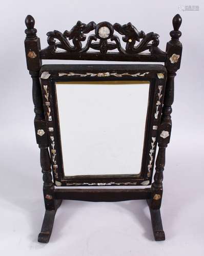 A GOOD 19TH CENTURY CHINESE HARDWOOD & MOTHER OF PEARL TABLE MIRROR, carved with dragons, carved