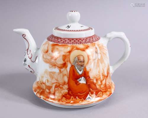 A GOOD CHINESE REPUBLIC STYLE PORCELAIN TEAPOT OF LUOHAN, the figure seated amongst flame, with