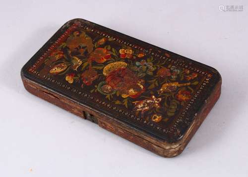 A 19TH CENTURY INDIAN MUGHAL PAPER-MACHE LACQUER BOX, decorated with scenes of birds and flora, 18cm