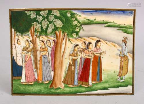 A FINE INDIAN MUGHAL MINIATURE PAINTING ON IVORY OF KRISHNA AND CONSORTS, 14.5CM X 10CM