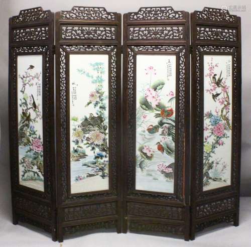 A LARGE & HEAVY CHINESE REPUBLIC STYLE FOUR FOLD PORCELAIN PANEL SCREEN, each section of the