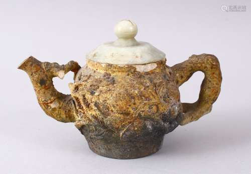 A 19TH / 20TH CENTURY CHINESE CARVED NATURALISTIC TEA POT & COVER, the body carved with fruit