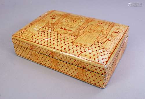 A GOOD KASHMIRI INDIAN LIDDED BOX, decorated with figures, 15cm wide x 10cm,