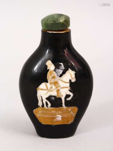 A GOOD 19TH / 20TH CENTURY CHINESE FAMILLE NOIR SNUFF BOTTLE, decorated with scenes of a figure upon