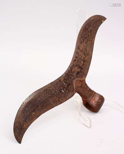 A LARGE 17TH / 18TH CENTURY SOUTH INDIAN STEEL AXE HEAD, with carved floral decoration, 32cm