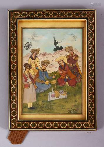 A 19TH / 20TH CENTURY PERSIAN MUGHAL MINIATURE PAINTING, the painting depicting five figures