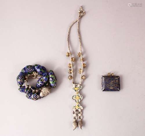 A COLLECTION OF THREE 19TH CENTURY INDIAN ENAMELLED SILVER JEWELLERY ITEMS,