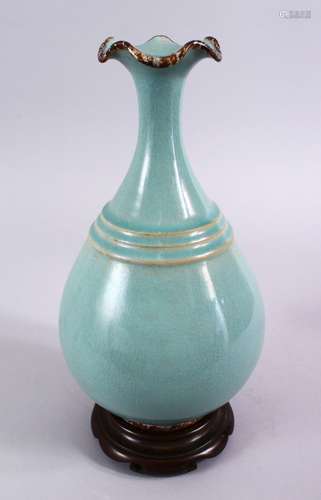 A GOOD CHINESE SONG STYLE RU WARE PORCELAIN VASE & BRONZE STAND, with metal mounts to the vase and a