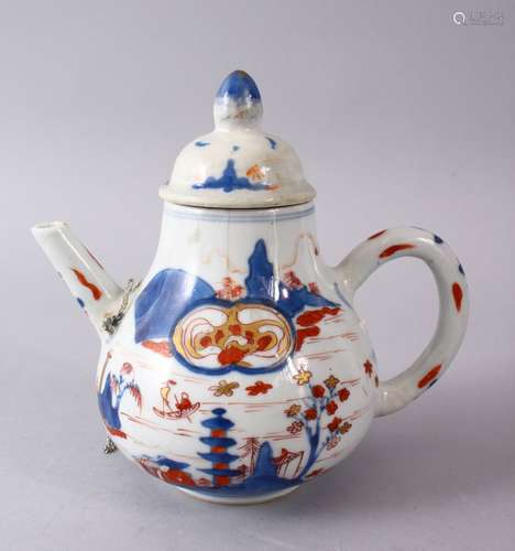 A 19TH CENTURY CHINESE IMARI PORCELAIN TEA POT & COVER, with typical coral imari decoration and