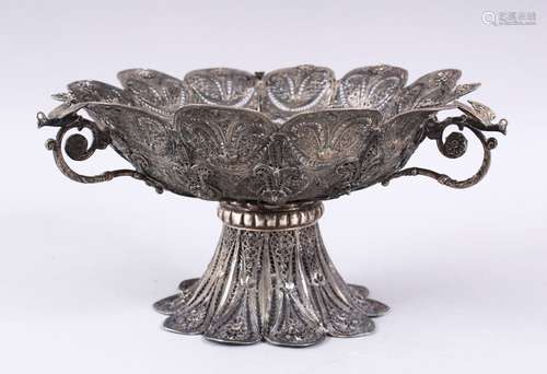 A FINE 19TH CENTURY TURKISH OTTOMAN FILIGREE TRI HANDLED BASKET, with fine lappet filigree style