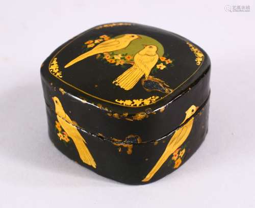 A 19TH / 20TH CENTURY PERSIAN LACQUER LIDDED BOX, decorated with birds and flora, 6cm.