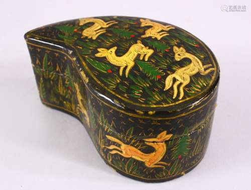 A 19TH / 20TH CENTURY PERSIAN TEAR FORMED LACQUER LIDDED BOX, with decoration of deer in landscapes,