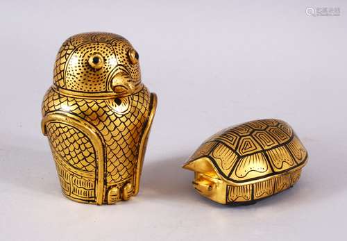 TWO PERSIAN / ISLAMIC LACQUERED BOXED - OWL & TORTOISE, 10cm high & 9cm wide.