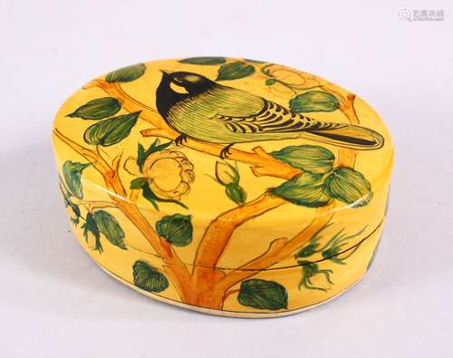 A GOOD PERSIAN LACQUER DECORATED LIDDED BOX - the box decorated with scenes of birds and flora, 9cm