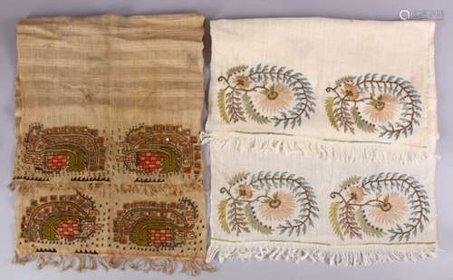 TWO TURKISH OTTOMAN HAMAM EMBROIDERED TOWELS, one with floral scroll embroidery.