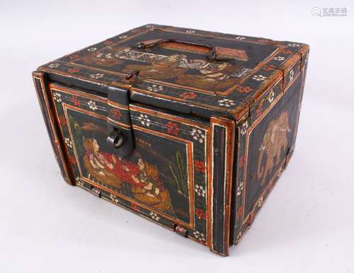 A 19TH CENTURY PERSIAN WOOD & LACQUER DECORATED STORAGE BOX WITH DRAWERS - decorated with scenes