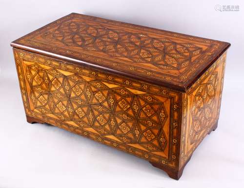 A LARGE 19TH CENTURY SYRIAN DAMASCUS PARQUETRY INLAID LIDDED CHEST - the chest decorated with exotic