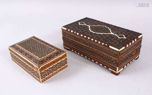 TWO FINE 19TH CENTURY PERSIAN MICRO - MOSAIC INLAID WOODEN LIDDED BOXES, 20cm x 11cm.