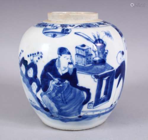 A CHINESE BLUE & WHITE KANGXI STYLE PORCELAIN GINGER JAR, decorated with scenes of figures in garden