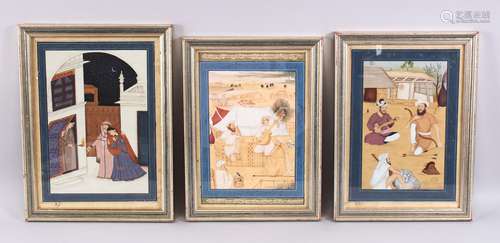 A COLLECTION OF THREE PERSIAN MINIATURE PAINTINGS, each depicting figures in exterior and