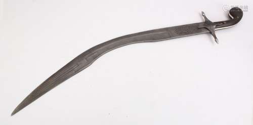 A 19TH CENTURY TURKISH OTTOMAN RHINO HORN HILTED SWORD WITH CALLIGRAPHIC SIGNED BLADE, 85cm.